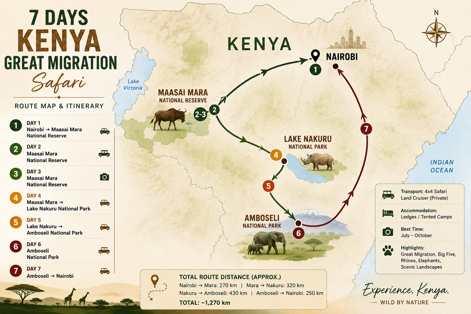 7 Days Kenya Great Migration Safari Route Map